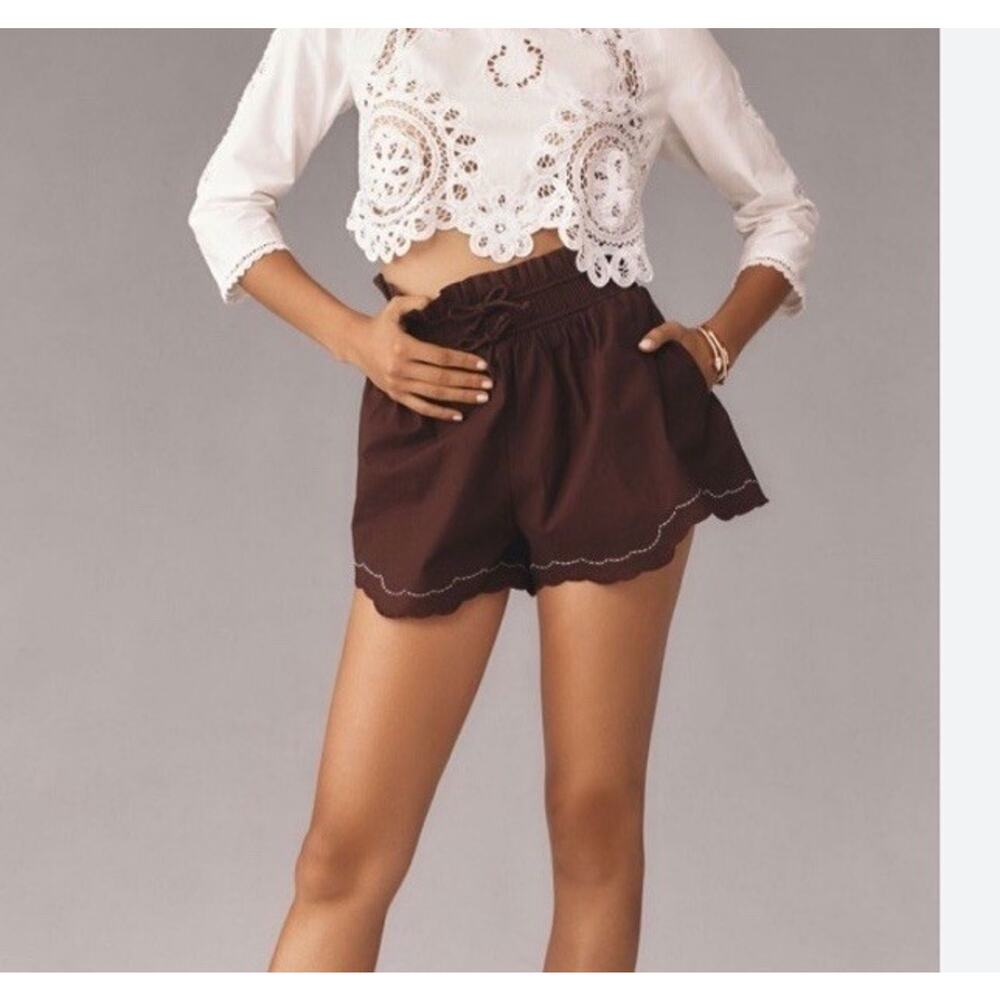 By Anthropologie Shorts Embroidered Scallop Hem Cocoa Purple Paperbag Beach 1X